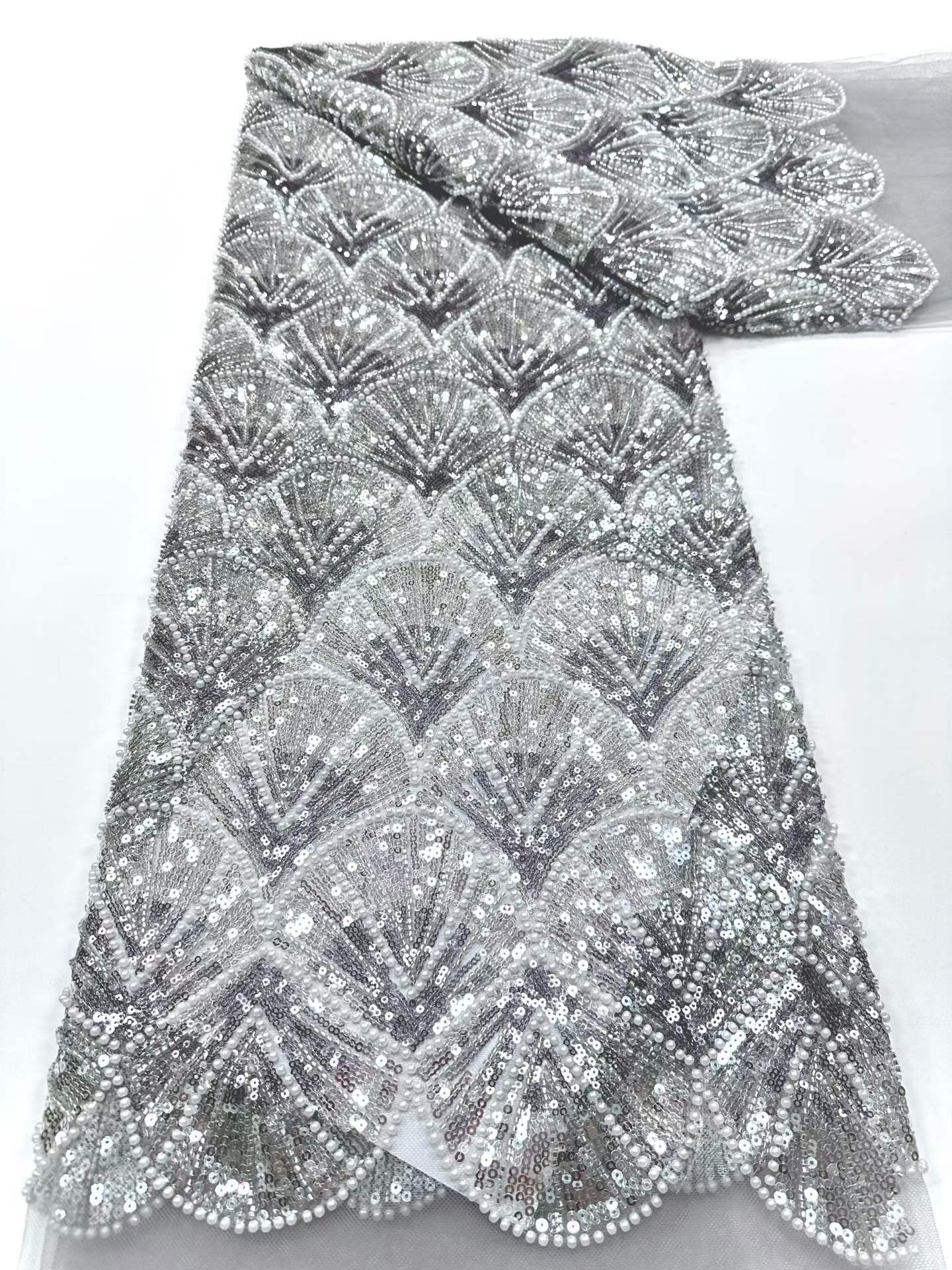 Affordable high quality lace fabric with beads pearls and sequins wedding dress lace fabric