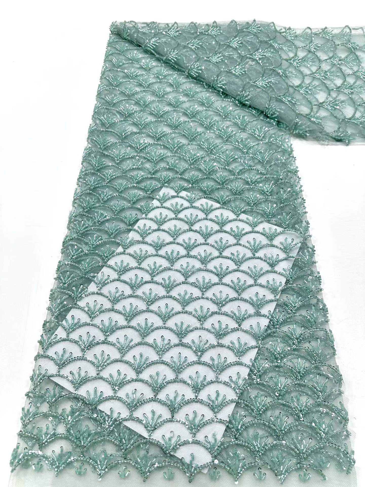 Affordable high quality lace fabric with beads pearls and sequins wedding dress lace fabric