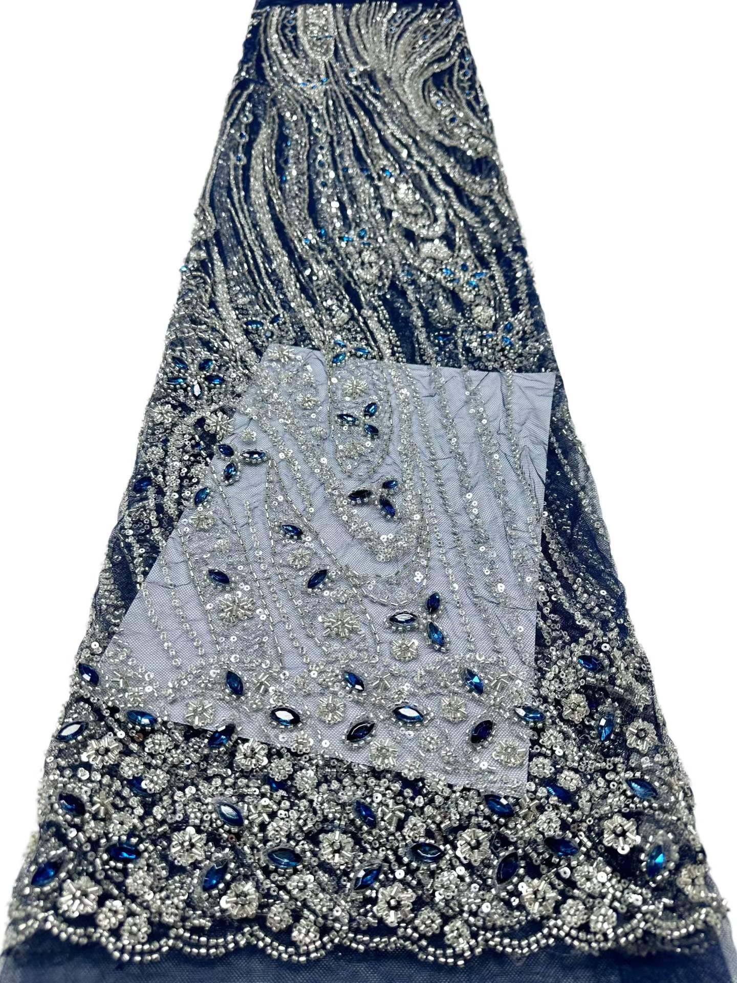 Affordable high quality lace fabric with beads pearls and sequins wedding dress lace fabric