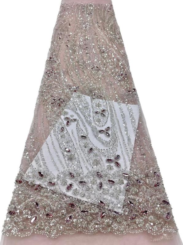 Affordable high quality lace fabric with beads pearls and sequins wedding dress lace fabric