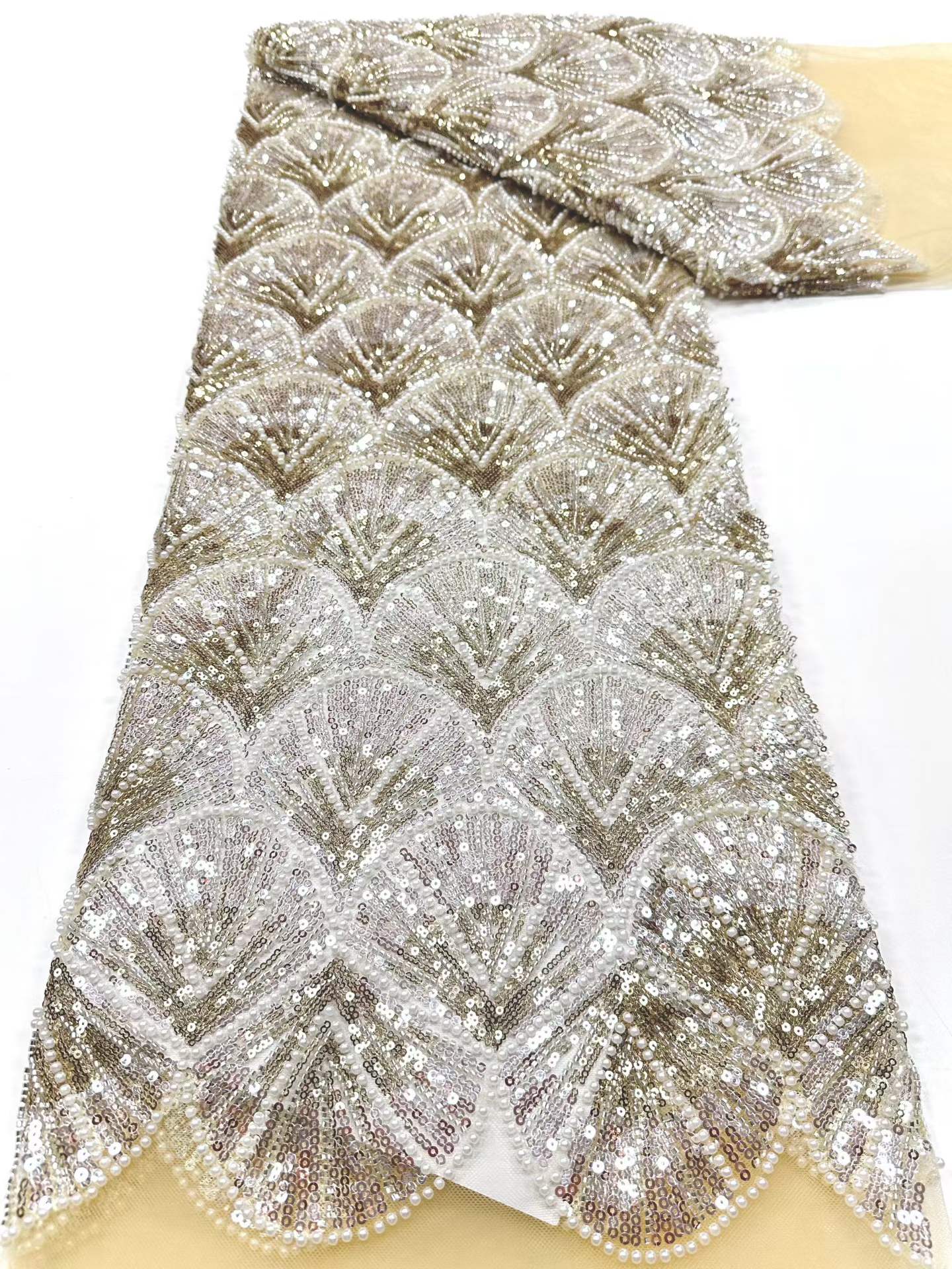 Affordable high quality lace fabric with beads pearls and sequins wedding dress lace fabric