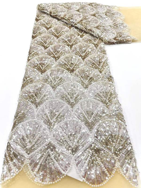 Affordable high quality lace fabric with beads pearls and sequins wedding dress lace fabric