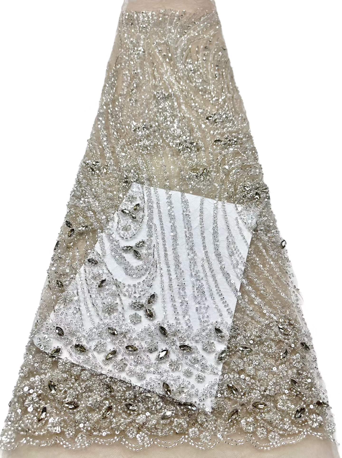 Affordable high quality lace fabric with beads pearls and sequins wedding dress lace fabric
