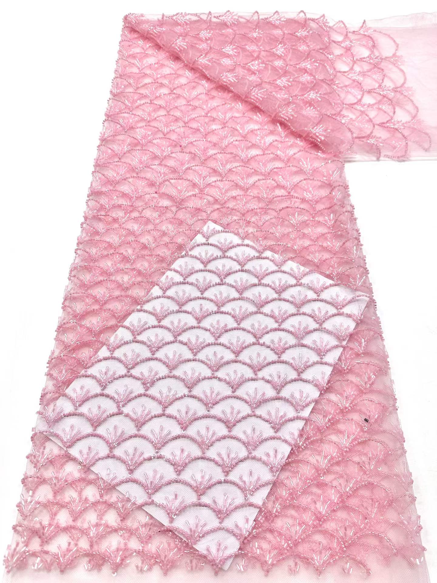 Affordable high quality lace fabric with beads pearls and sequins wedding dress lace fabric