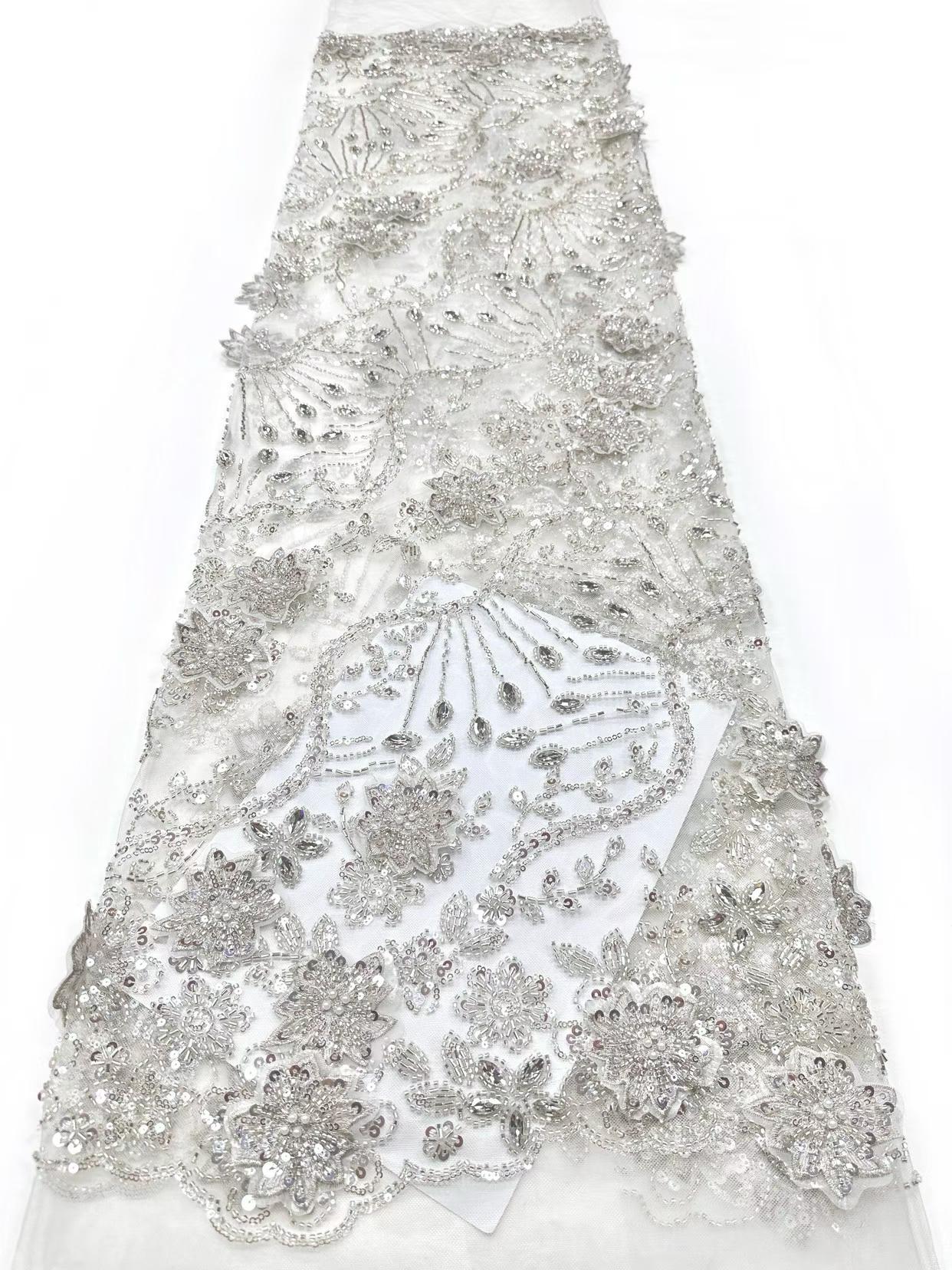 Affordable high quality lace fabric with beads pearls and sequins wedding dress lace fabric