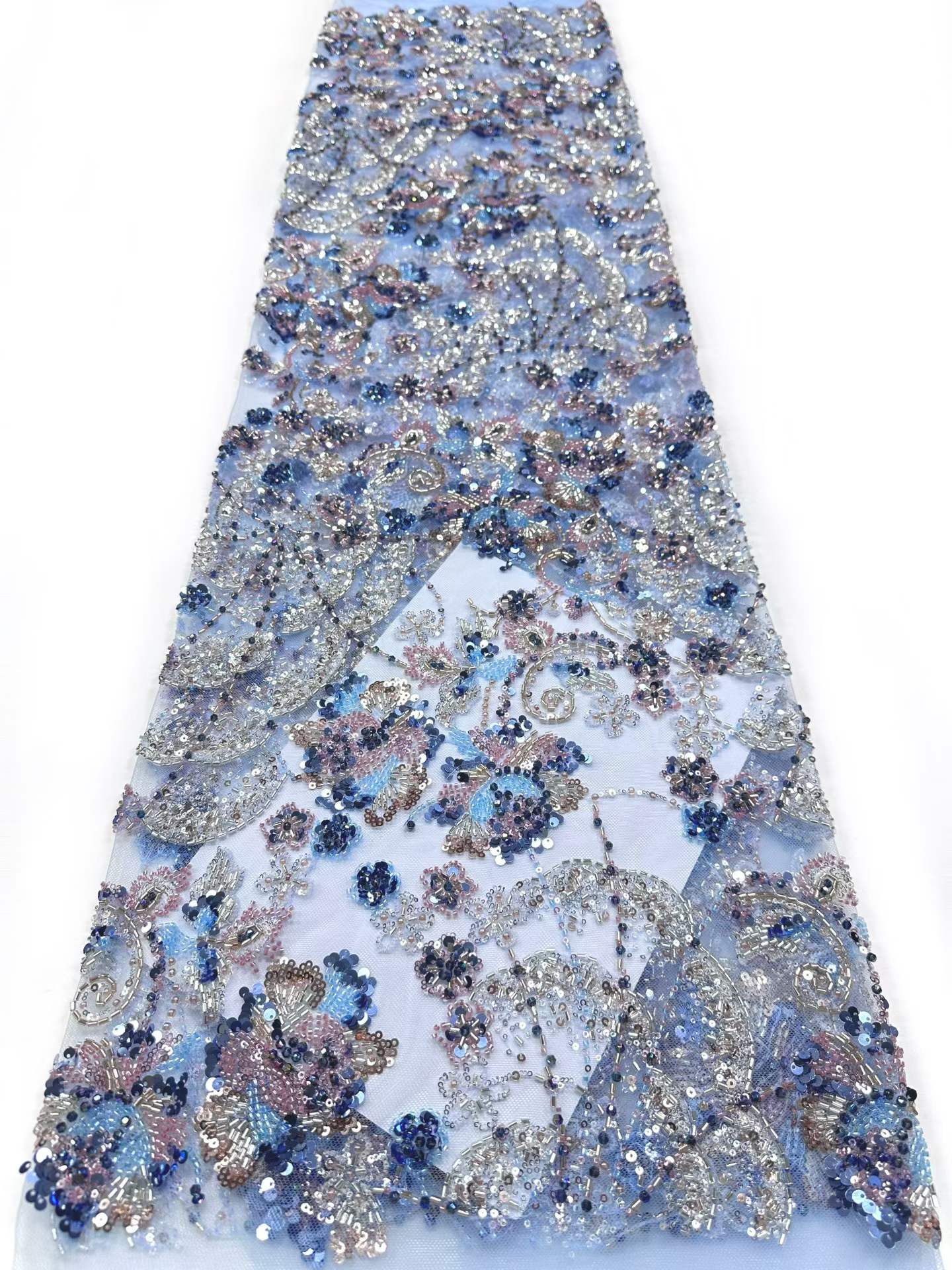 Affordable high quality lace fabric with beads pearls and sequins wedding dress lace fabric