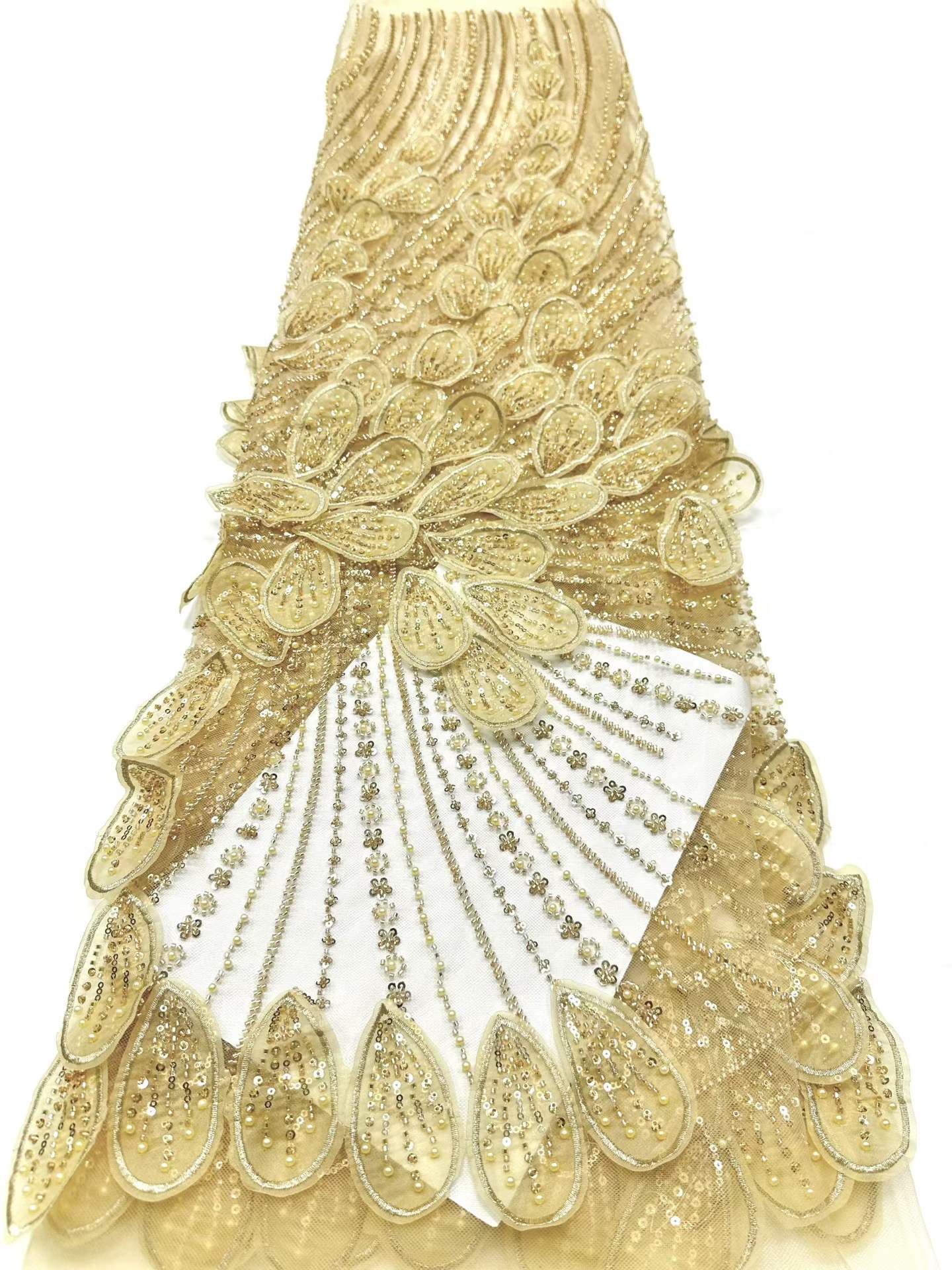 Affordable high quality lace fabric with beads pearls and sequins wedding dress lace fabric