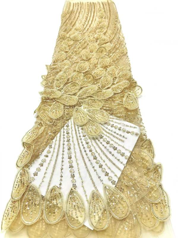 Affordable high quality lace fabric with beads pearls and sequins wedding dress lace fabric