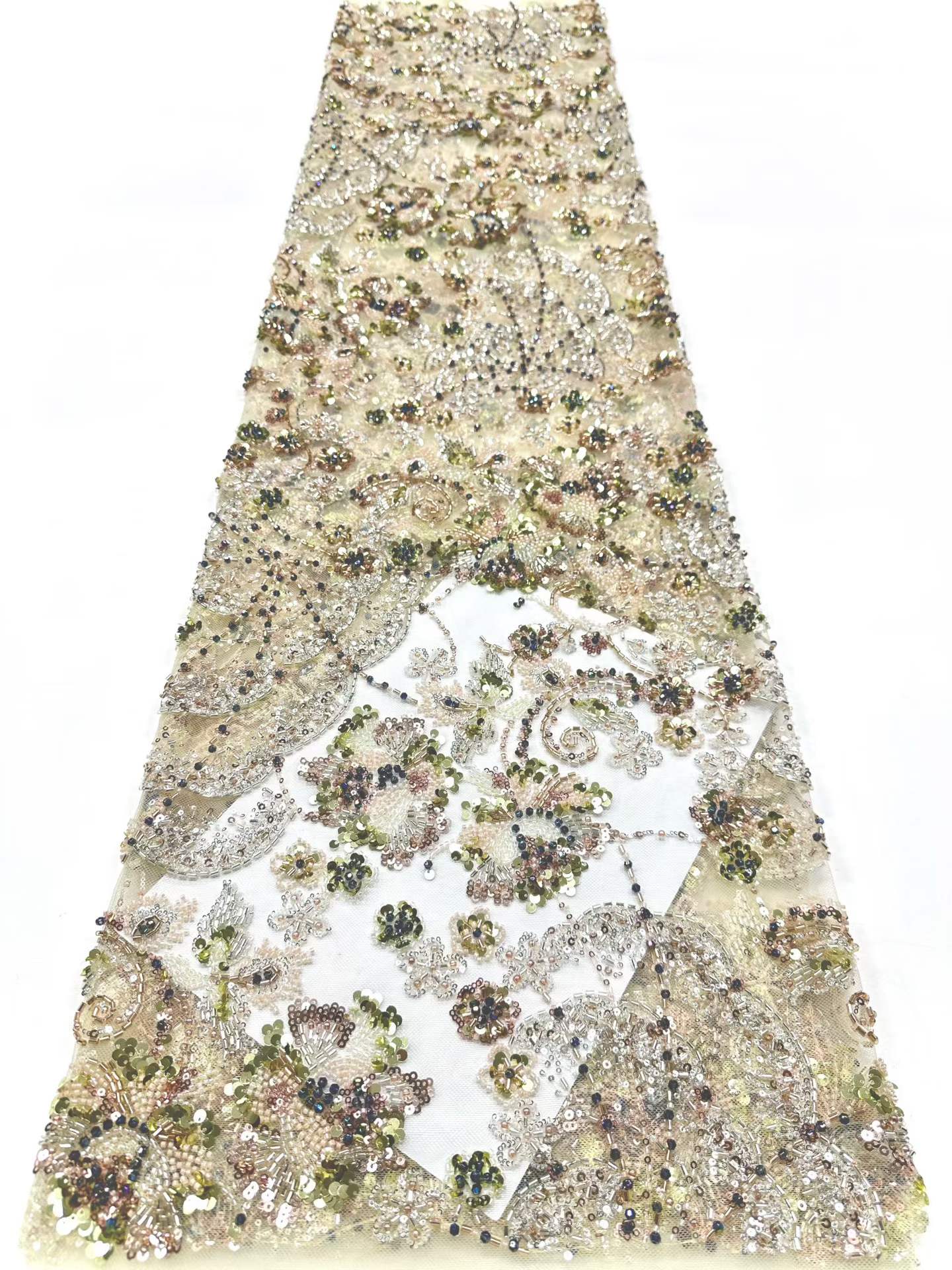Affordable high quality lace fabric with beads pearls and sequins wedding dress lace fabric