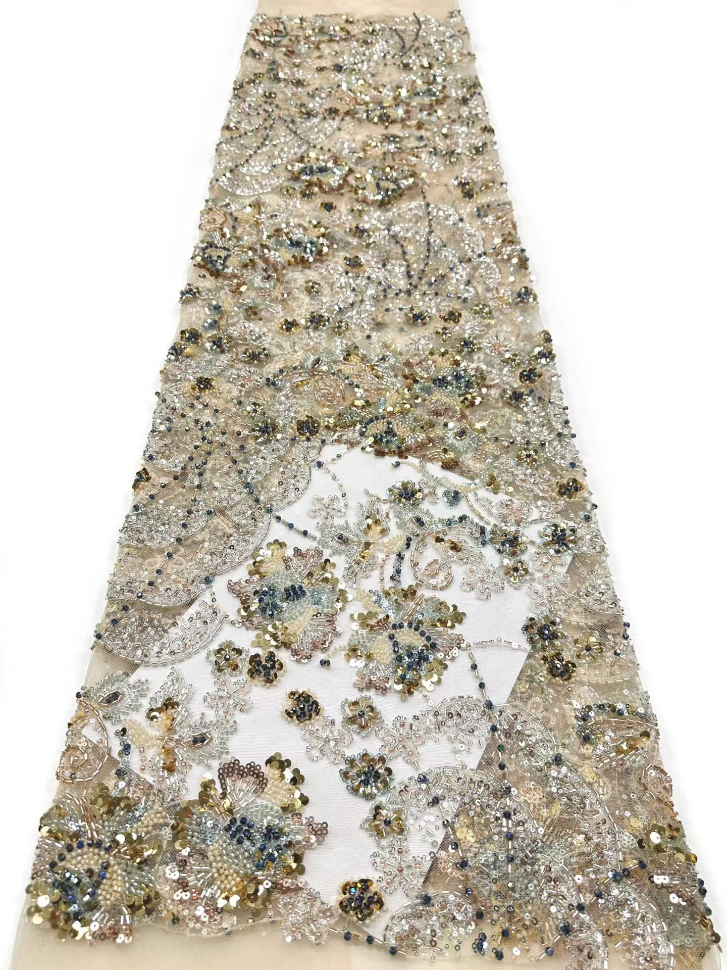 Affordable high quality lace fabric with beads pearls and sequins wedding dress lace fabric