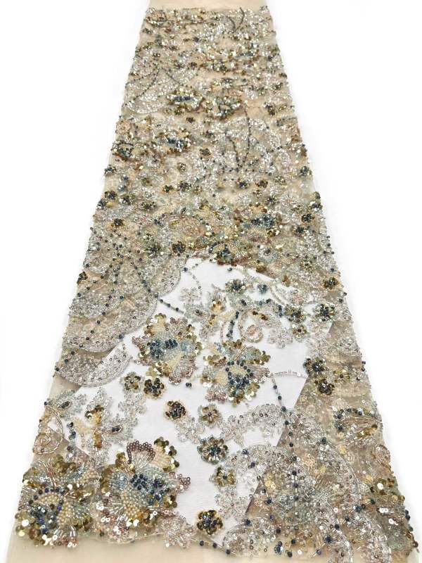 Affordable high quality lace fabric with beads pearls and sequins wedding dress lace fabric