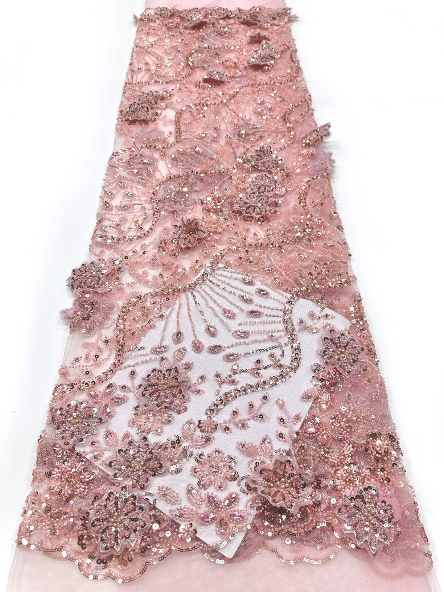 Affordable high quality lace fabric with beads pearls and sequins wedding dress lace fabric
