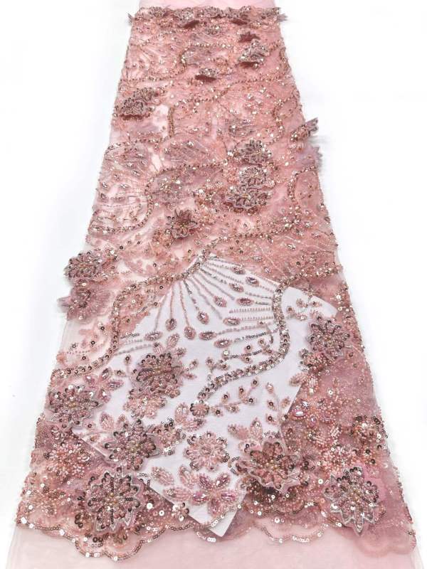 Affordable high quality lace fabric with beads pearls and sequins wedding dress lace fabric