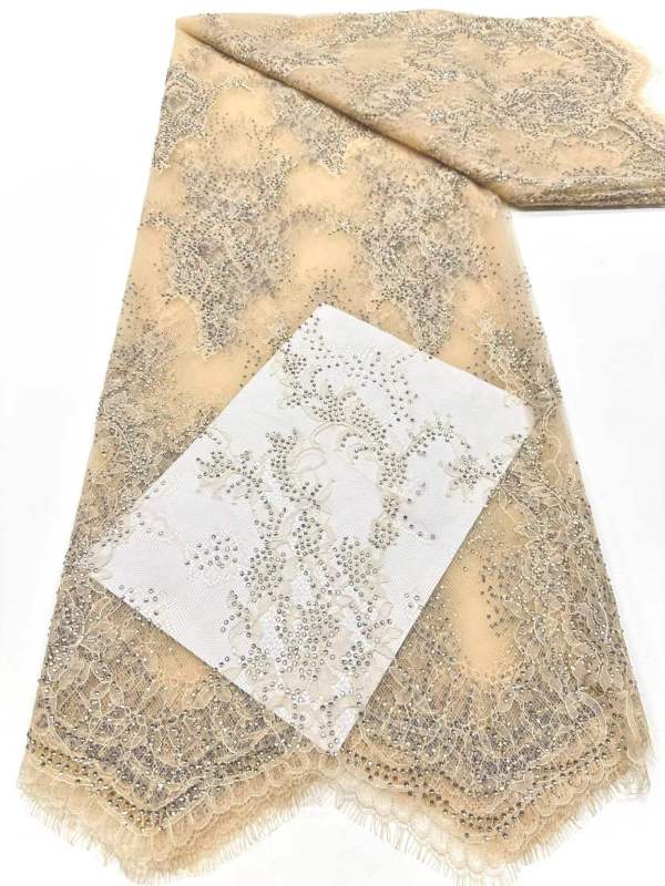 Affordable high quality lace fabric with beads pearls and sequins wedding dress lace fabric