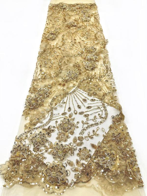 Affordable high quality lace fabric with beads pearls and sequins wedding dress lace fabric