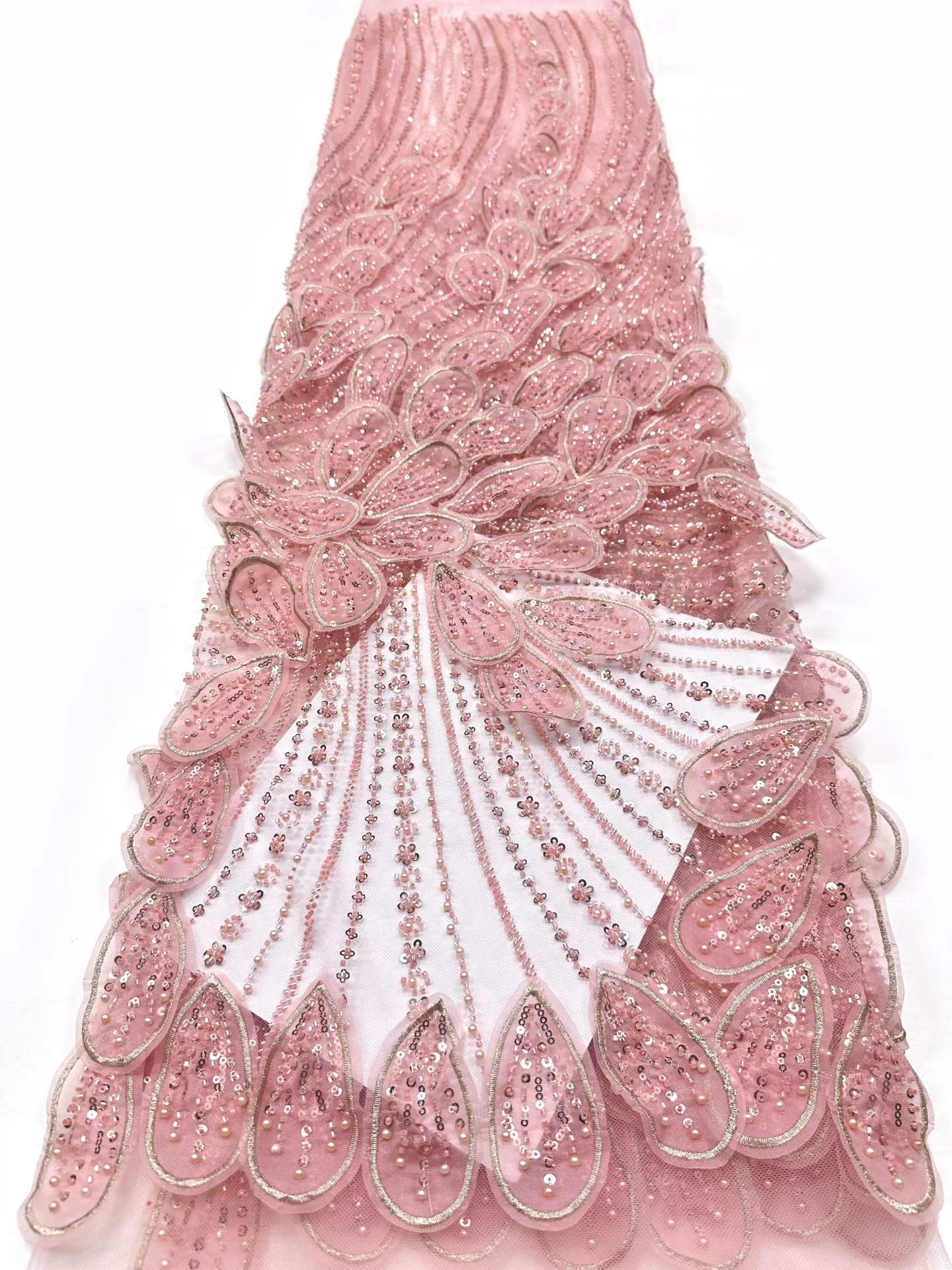 Affordable high quality lace fabric with beads pearls and sequins wedding dress lace fabric