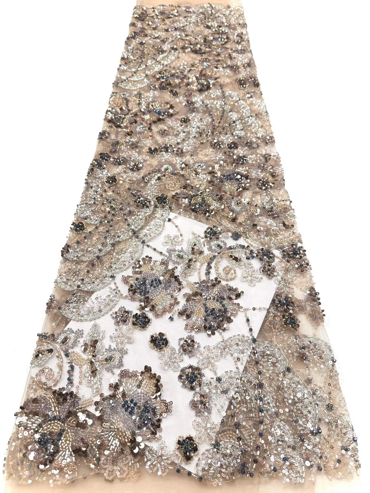 Affordable high quality lace fabric with beads pearls and sequins wedding dress lace fabric