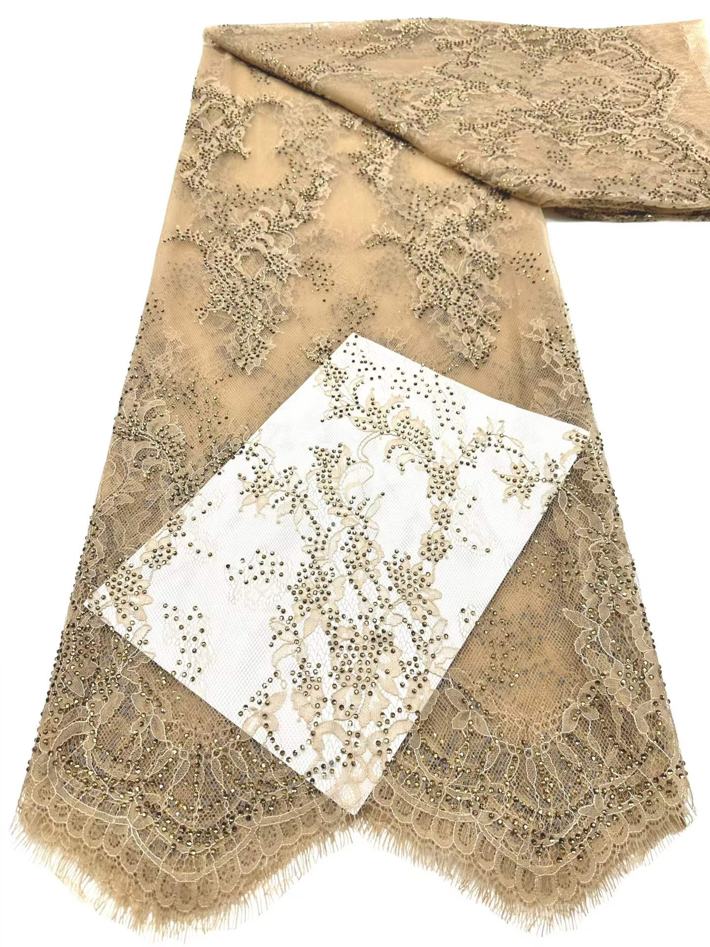 Affordable high quality lace fabric with beads pearls and sequins wedding dress lace fabric