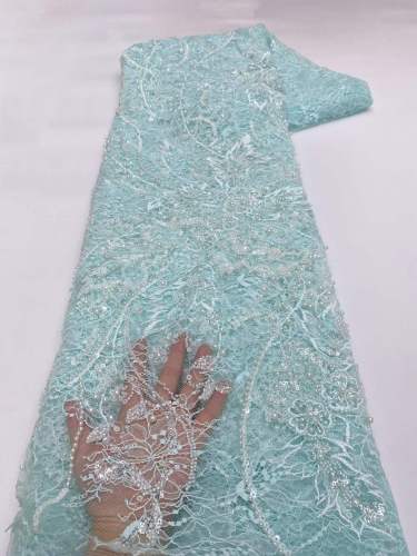 Affordable high quality lace fabric with beads pearls and sequins wedding dress lace fabric