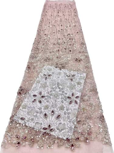 Affordable high quality lace fabric with beads pearls and sequins wedding dress lace fabric