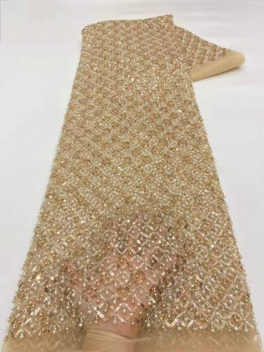 Affordable high quality lace fabric with beads pearls and sequins wedding dress lace fabric