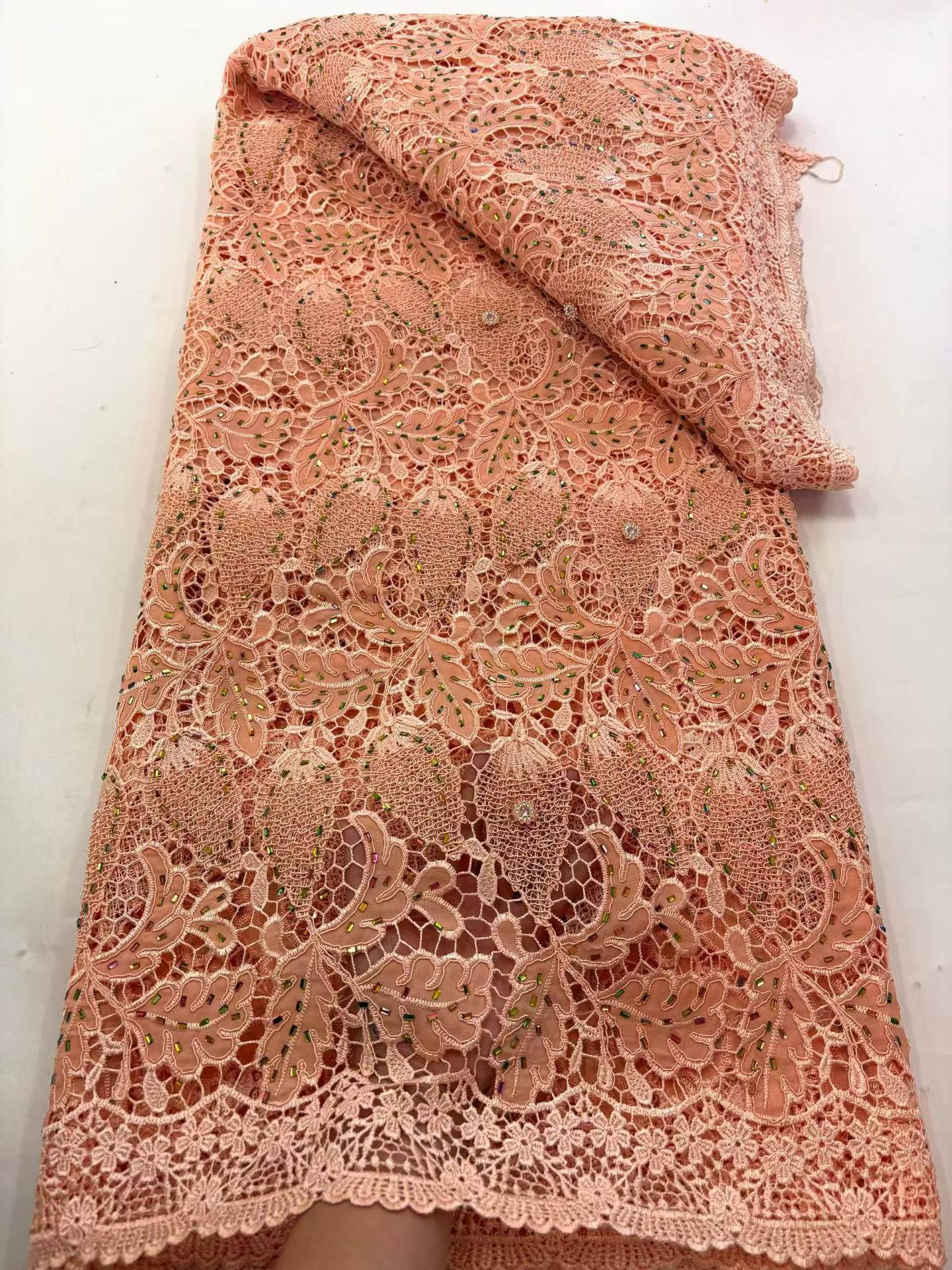 Affordable high quality lace fabric with beads pearls and sequins wedding dress lace fabric
