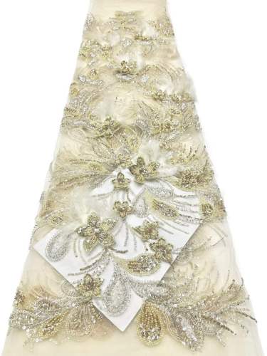 Affordable high quality lace fabric with beads pearls and sequins wedding dress lace fabric
