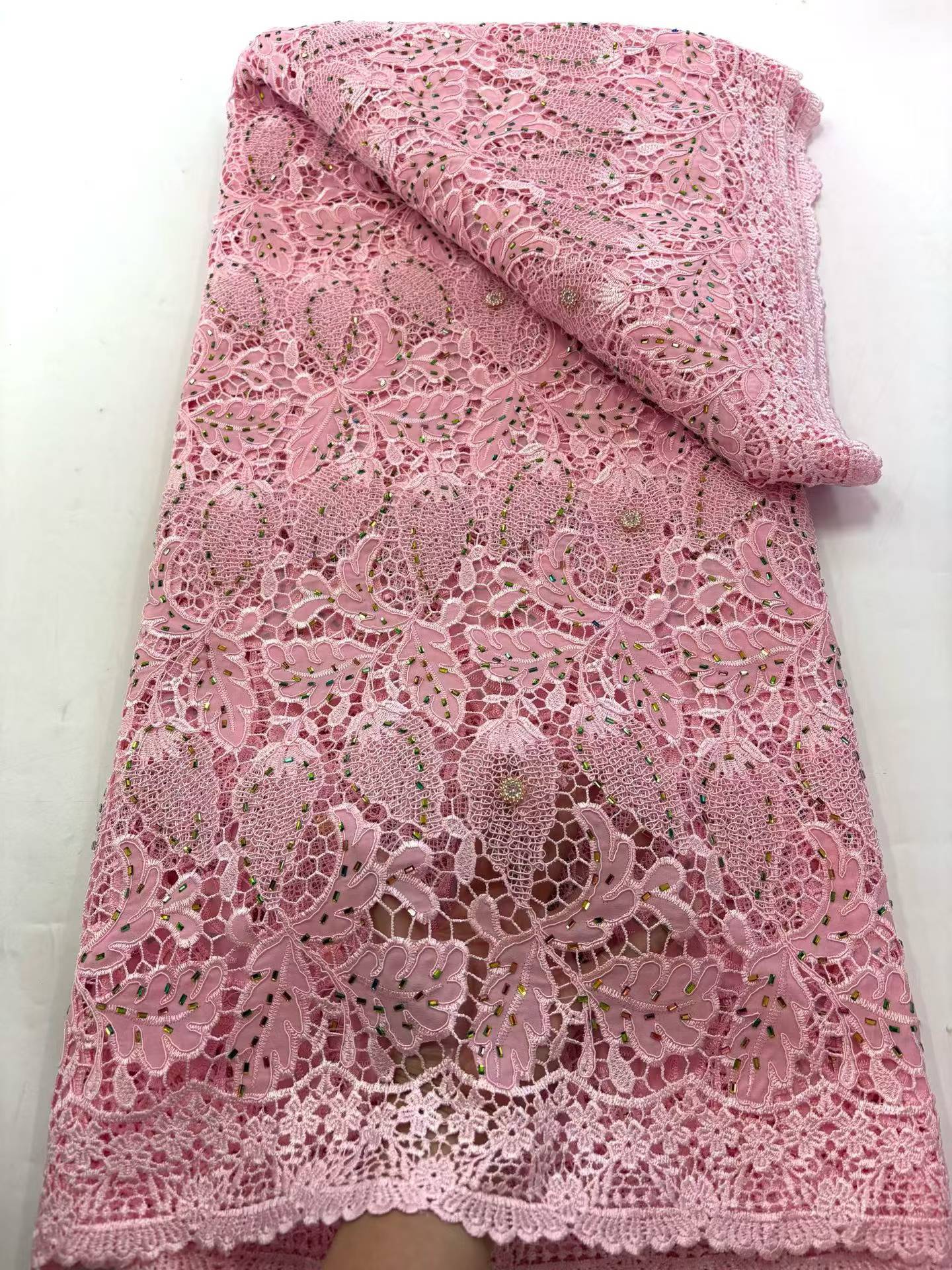 Affordable high quality lace fabric with beads pearls and sequins wedding dress lace fabric