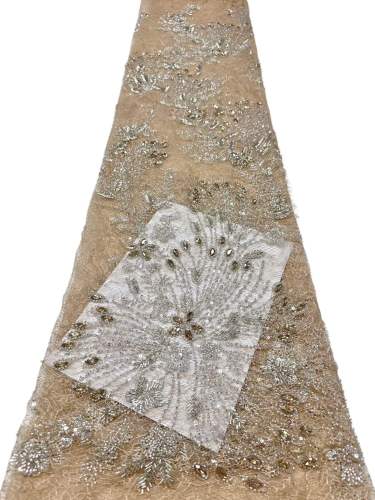 Affordable high quality lace fabric with beads pearls and sequins wedding dress lace fabric