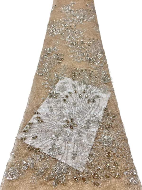 Affordable high quality lace fabric with beads pearls and sequins wedding dress lace fabric
