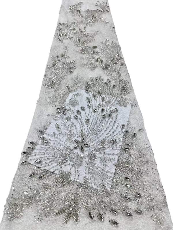 Affordable high quality lace fabric with beads pearls and sequins wedding dress lace fabric