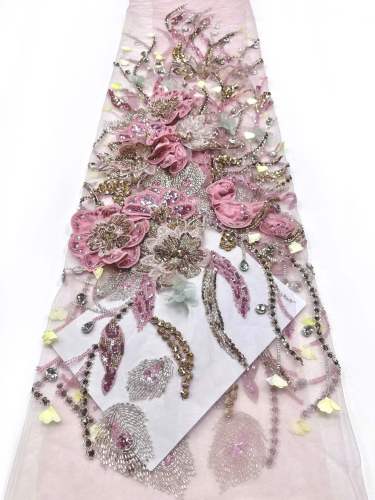 Affordable high quality lace fabric with beads pearls and sequins wedding dress lace fabric