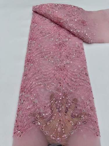 Affordable high quality lace fabric with beads pearls and sequins wedding dress lace fabric