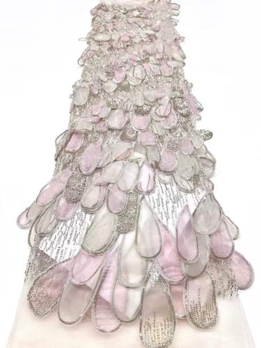 Affordable high quality lace fabric with beads pearls and sequins wedding dress lace fabric