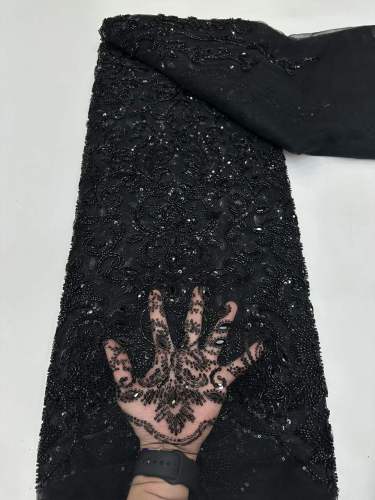 Affordable high quality lace fabric with beads pearls and sequins wedding dress lace fabric
