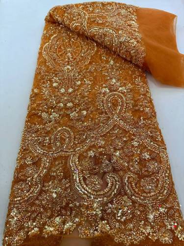 Affordable high quality lace fabric with beads pearls and sequins wedding dress lace fabric