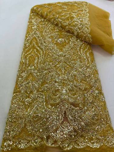 Affordable high quality lace fabric with beads pearls and sequins wedding dress lace fabric
