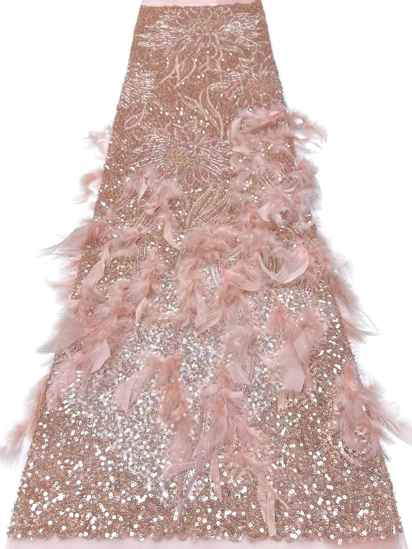 Affordable high quality lace fabric with beads pearls and sequins wedding dress lace fabric