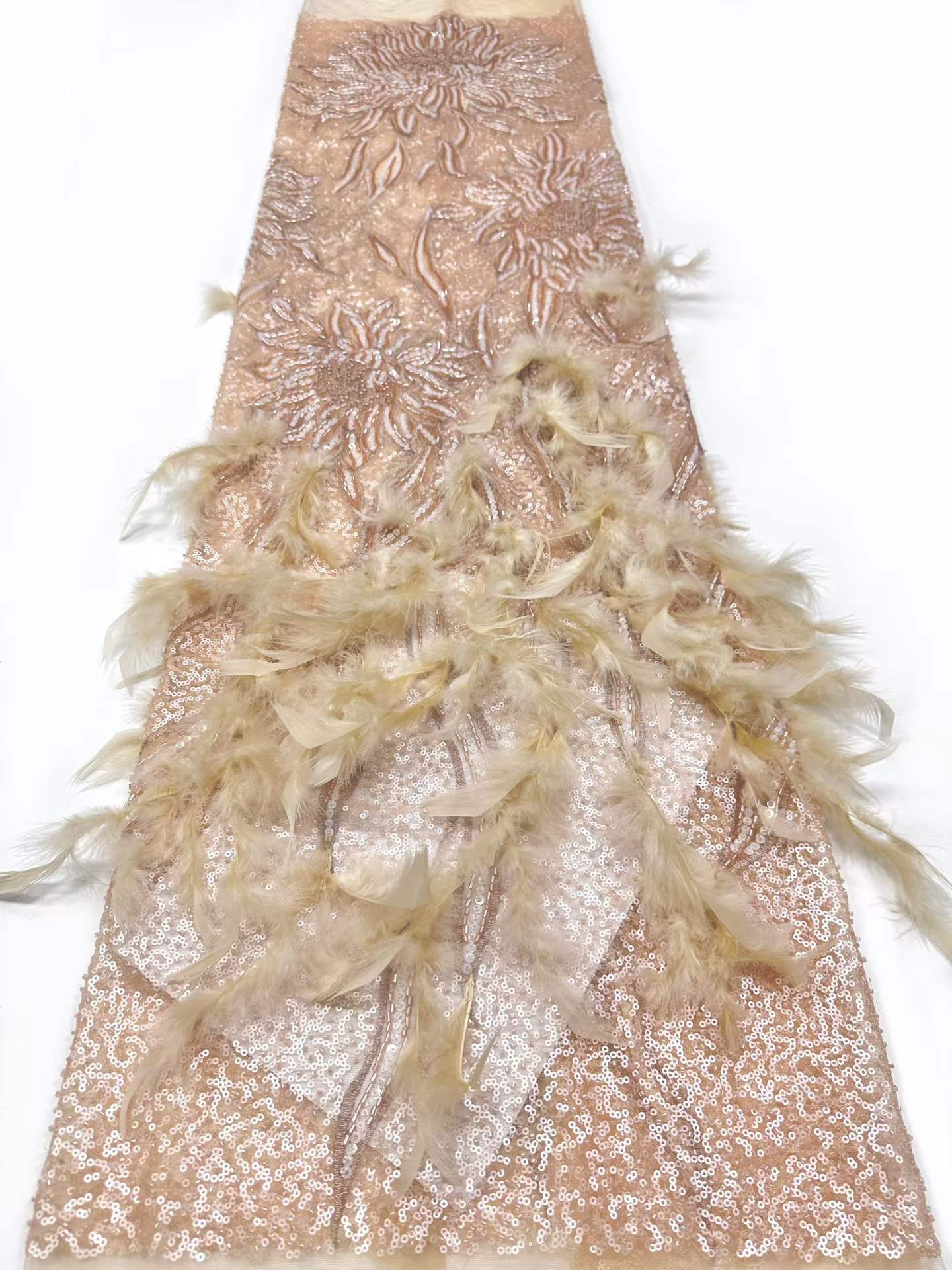 Affordable high quality lace fabric with beads pearls and sequins wedding dress lace fabric