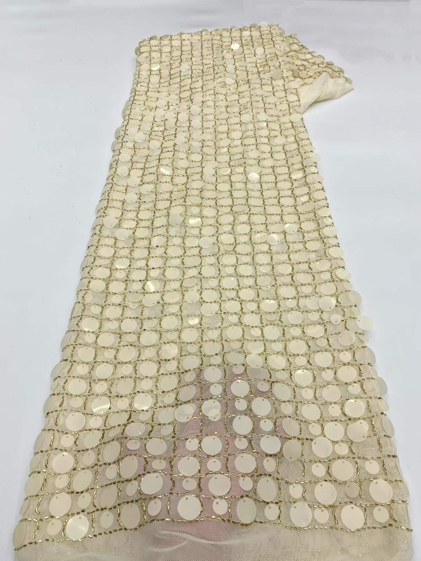 Affordable high quality lace fabric with beads pearls and sequins wedding dress lace fabric