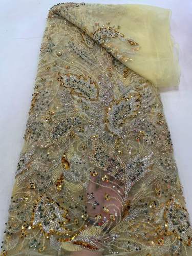 Shiny bridal tulle lace with heavy beads and pearls luxury crystal sequins lace for wedding dress