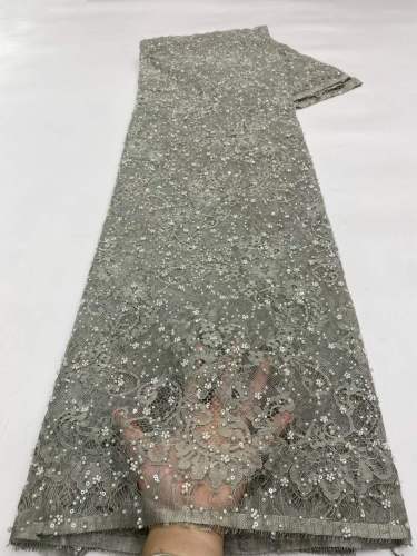 Lilac french big crystal lace beaded tulle fabric with special sequins for party dress