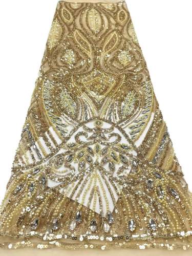 Shiny bridal tulle lace with heavy beads and pearls luxury crystal sequins lace for wedding dress