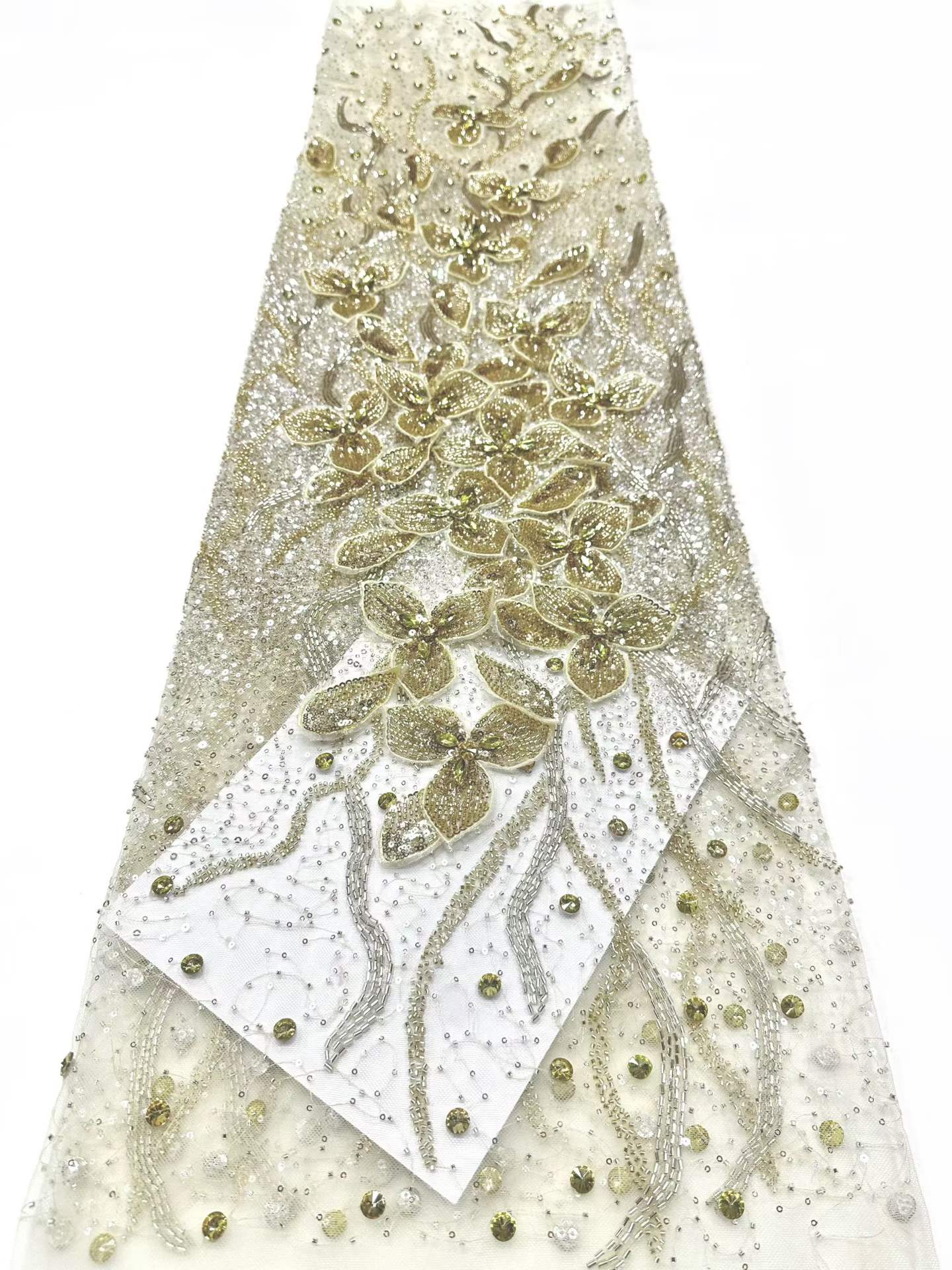Shiny bridal tulle lace with heavy beads and pearls luxury crystal sequins lace for wedding dress
