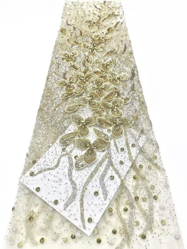 Shiny bridal tulle lace with heavy beads and pearls luxury crystal sequins lace for wedding dress
