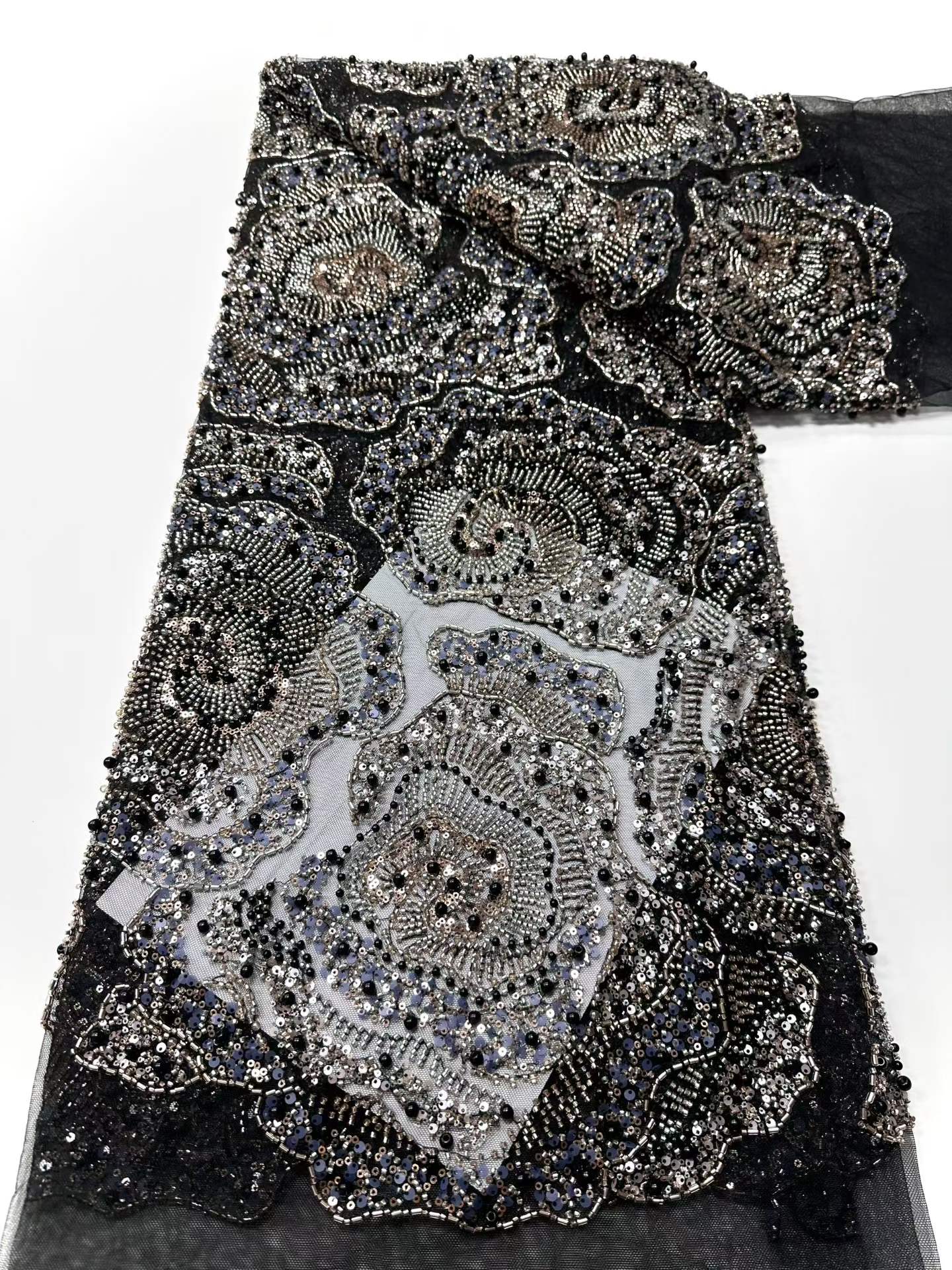 Affordable high quality lace fabric with beads pearls and sequins wedding dress lace fabric