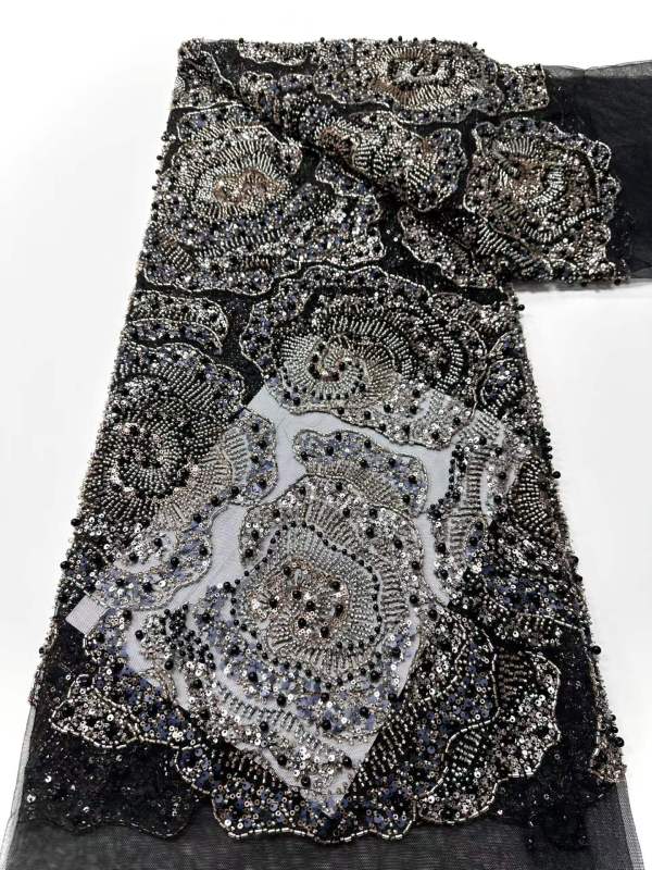 Affordable high quality lace fabric with beads pearls and sequins wedding dress lace fabric