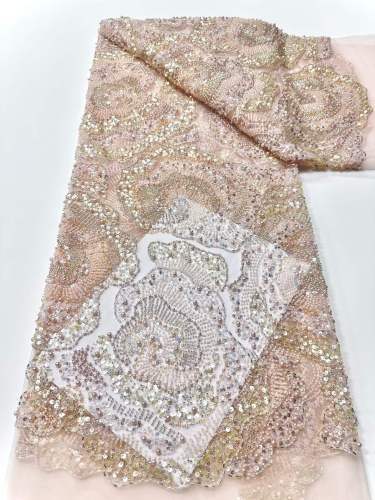 Affordable high quality lace fabric with beads pearls and sequins wedding dress lace fabric