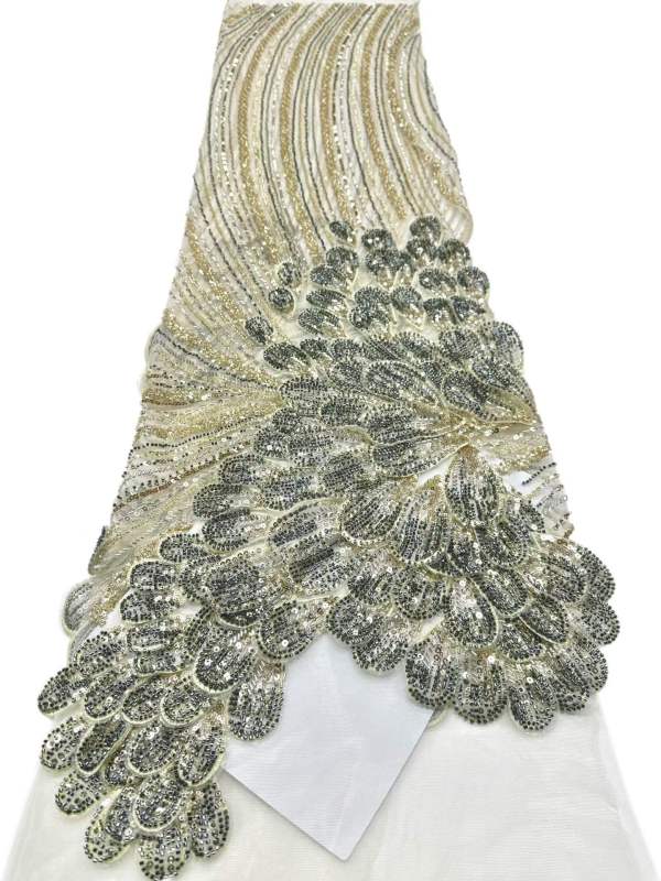 Affordable high quality lace fabric with beads pearls and sequins wedding dress lace fabric