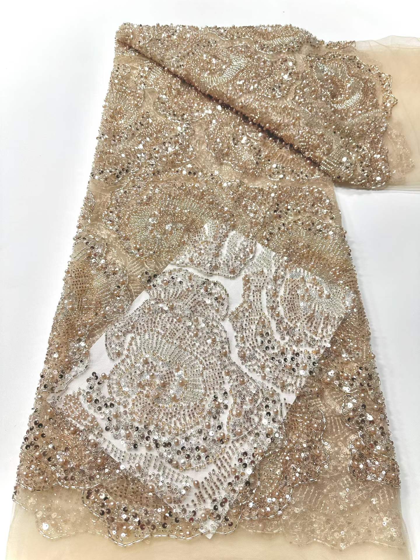Affordable high quality lace fabric with beads pearls and sequins wedding dress lace fabric